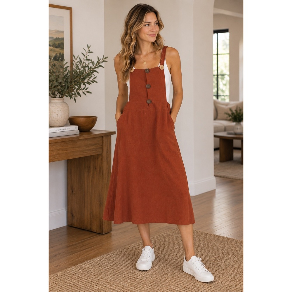 Lacoste Slim Fit Rust Orange Button Front Pinafore Dress Womens Size M
